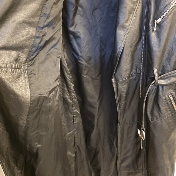 Vintage Korea Long Black Leather Trench Coat Bikers Belted Zippers Punk Medium - Picture 7 of 14